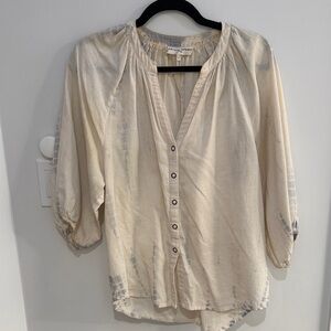 Apiece Apart Cotton-Linen Neutral Cream Button-Front Womens Blouse Blue